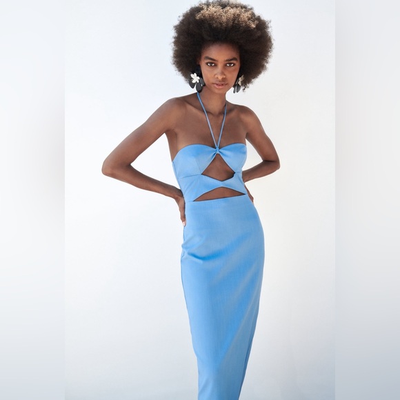 NWT Zara Cut Out Midi Dress Blue Halter XS - Picture 1 of 13